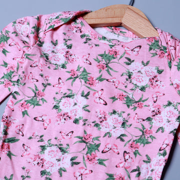 PINK BUTTERFLY & FLOWERS PRINT COTTON JERSY FABRIC HALF BODY FULL SLEEVES ROMPER